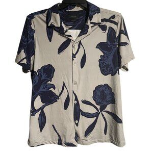 Porter & Ash Floral Button Up Camp Shirt Mens M Blue & Gray Stretch Casual Top